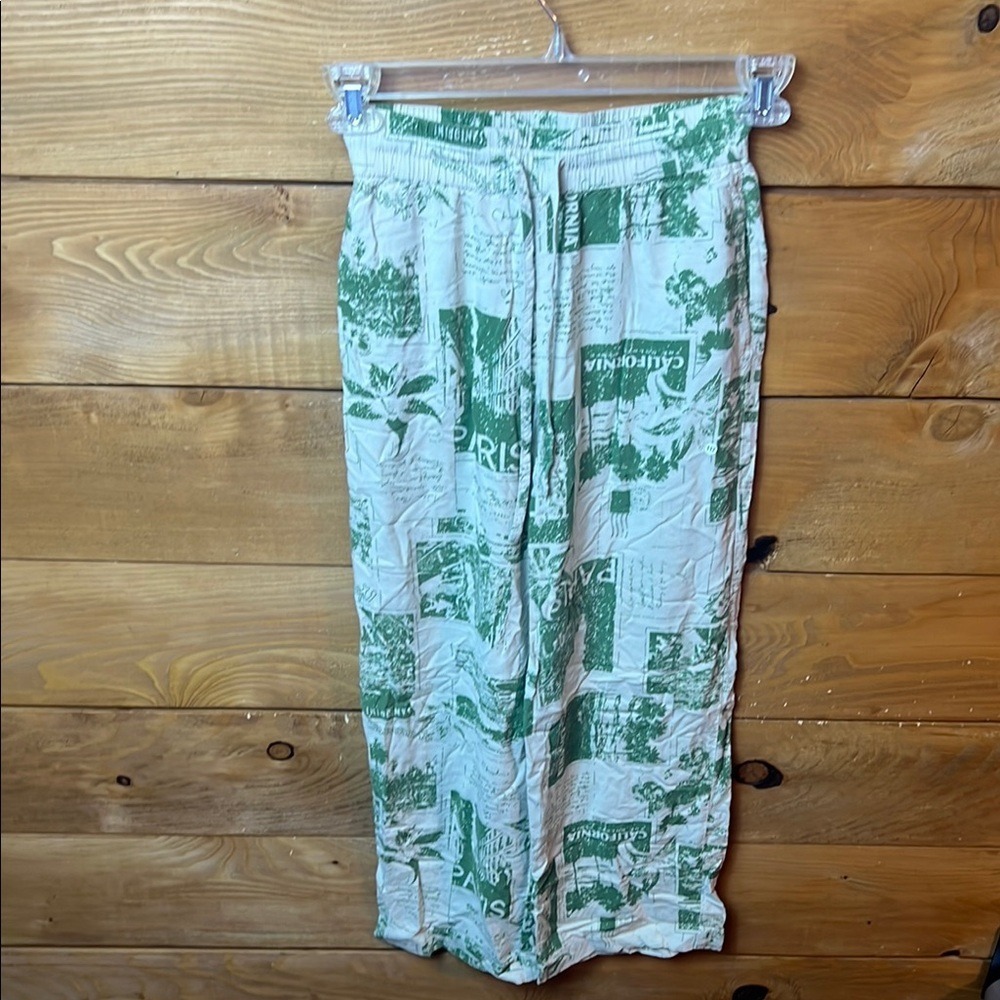 Urban‎ Outfitters XS Tourist Print Pants Green Cream Viscose Drawstring Trousers